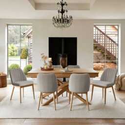 Amelia Whitewash Oak Extending Dining Table Set - 6 Seater - Chloe Soft Beige Dining Chairs - Whitewash Oak Legs - thumbnail 1