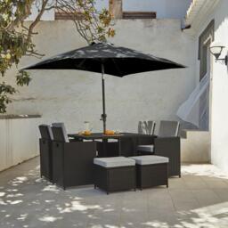 Cube 8 Seater Rattan Outdoor Dining Set with Grey LED Premium Parasol  - Black Weave Polywood Top - thumbnail 1