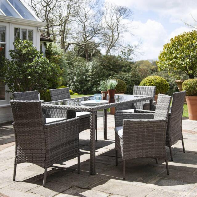 Marston 6 Seater Rattan Garden Dining Set - Grey - Glass Top - image 1