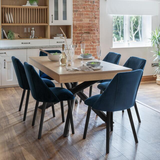 Amelia Whitewash Dining Table Set - 6 Seater - Freya Blue Dining Chairs - Black Legs - image 1