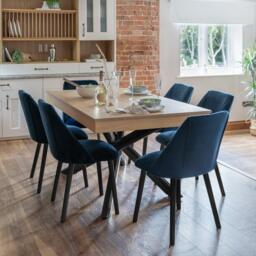 Amelia Whitewash Dining Table Set - 6 Seater - Freya Blue Dining Chairs - Black Legs - thumbnail 1