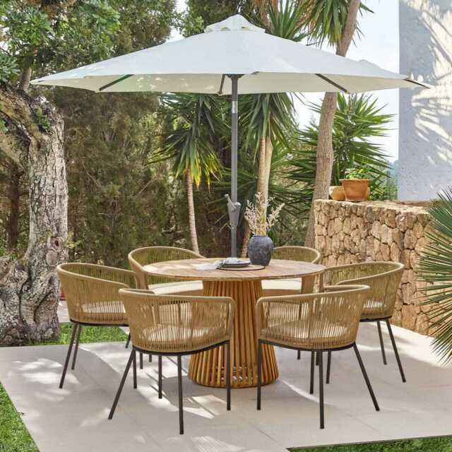 Willow 6 Seater Round Wooden Garden Set with 6 Hali Natural Rope Chairs & Round Cream LED Parasol - image 1