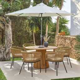 Willow 6 Seater Round Wooden Garden Set with 6 Hali Natural Rope Chairs & Round Cream LED Parasol - thumbnail 1