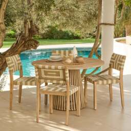 Willow 4 Seater Wooden Brushed Light Acacia Round Garden Dining Set with Saffron Natural and Beige Chairs