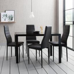 Anya Glass Dining Table Set - 4 Seater - Black Faux Leather Dining Chairs