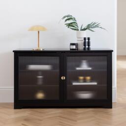 Lua 2 Door Large Sideboard - Noir Black with Fluted Glass - thumbnail 1