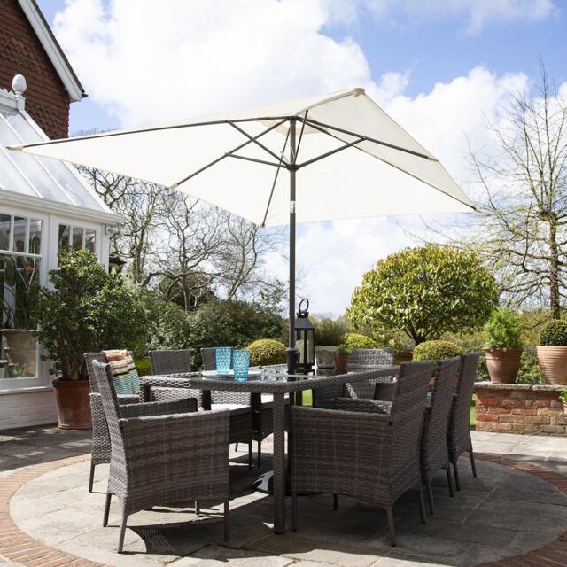 Marston 8 Seater Rattan Garden Dining Set with Cream Parasol - Grey - Glass Top - image 1
