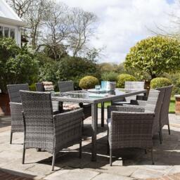 Marston 8 Seater Rattan Garden Dining Set with Cream Parasol - Grey - Glass Top - thumbnail 4