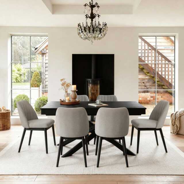 Amelia Black Extending Dining Table Set - 6 Seater - Chloe Soft Beige Dining Chairs - Black Oak Legs - image 1