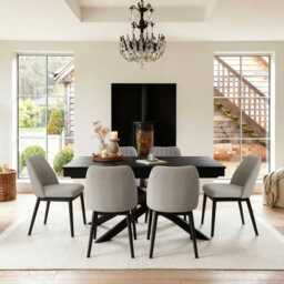 Amelia Black Extending Dining Table Set - 6 Seater - Chloe Soft Beige Dining Chairs - Black Oak Legs