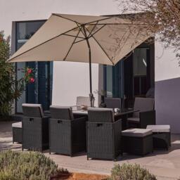 Cube 10 Seater Rattan Outdoor Dining Set with Cream Parasol - Black Weave