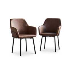 Reagan Saddle Brown Vegan Leather Carver Chairs  - Set of 2 - Black Metal Legs - thumbnail 6