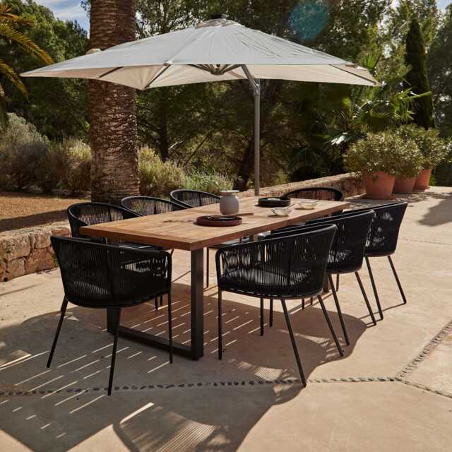 Hali 8 Seater Wooden Outdoor Dining Set with Hali Black Chairs & Cream LED Premium Cantilever Parasol - 235cm - image 1