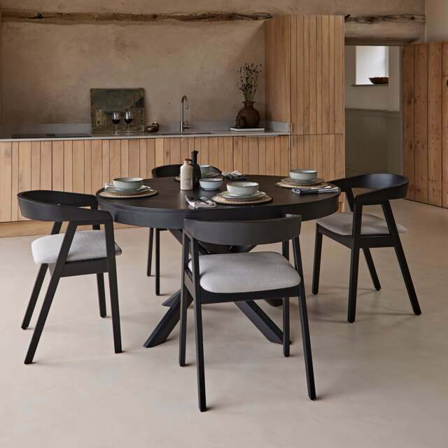 Amelia Black Oak Oval Extending Dining Table Set - 4 Seater - Ella Black Oak Carver Chairs - Fawn Linen - image 1