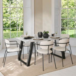 Atlas 160cm White Marble Veneer Dining Table Set - 6 Seater - Luca Dining Chairs - Light Beige - thumbnail 1