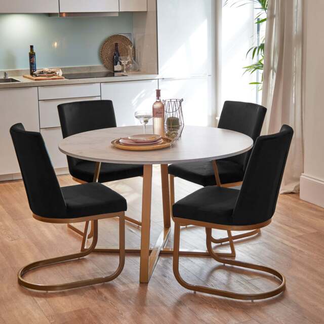 Clara Marble Dining Table Set - 4 Seater - Lola Black Dining Chairs - Gold Legs - image 1