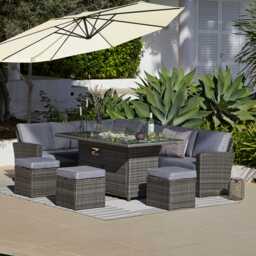 Aston 9 Seater Rattan Garden Corner Sofa Set with Cream Lean Over Parasol - Firepit - Grey