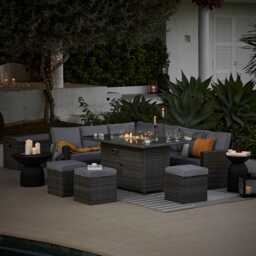 Aston 9 Seater Rattan Garden Corner Sofa Set with Cream Lean Over Parasol - Firepit - Grey - thumbnail 4