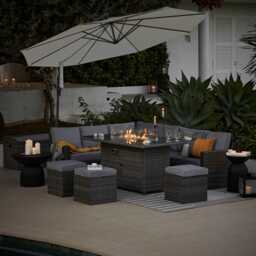 Aston 9 Seater Rattan Garden Corner Sofa Set with Cream Lean Over Parasol - Firepit - Grey - thumbnail 2