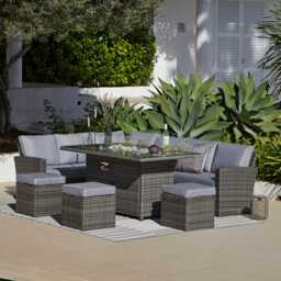 Aston 9 Seater Rattan Garden Corner Sofa Set with Cream Lean Over Parasol - Firepit - Grey - thumbnail 3