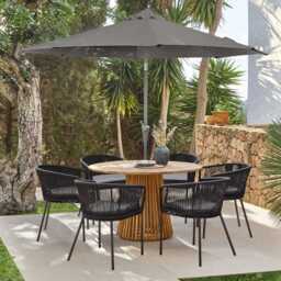 Willow 6 Seater Round Wooden Garden Set with 6 Hali Black Rope Chairs & Round Grey LED Parasol - thumbnail 1