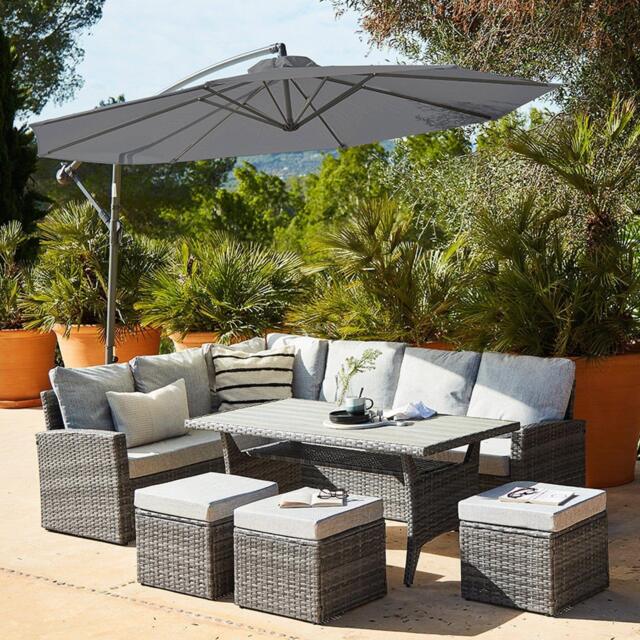 Aston 9 Seater Rattan Garden Corner Sofa Set with Grey Lean Over Parasol - Polywood Top - Grey - image 1