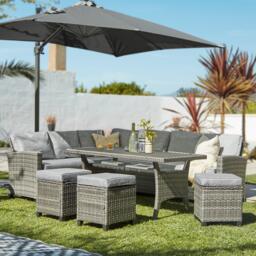 Aston 9 Seater Rattan Garden Corner Sofa Set with Grey Lean Over Parasol - Polywood Top - Grey - thumbnail 2