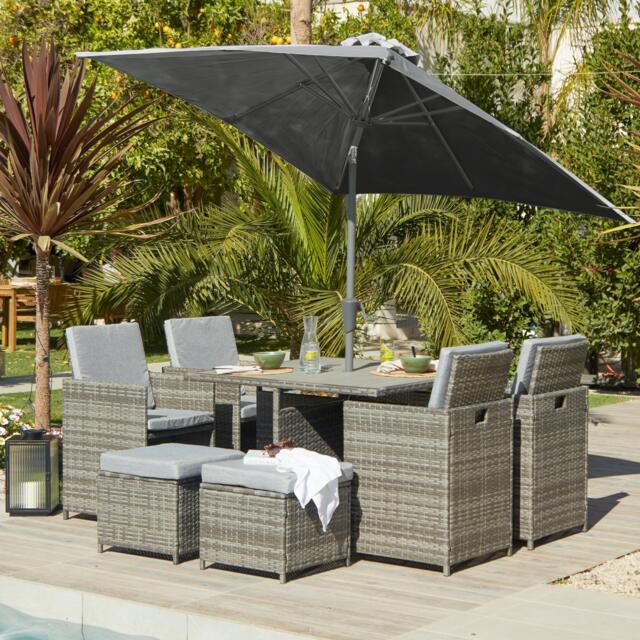 Cube 8 Seater Rattan Outdoor Dining Set Grey LED Premium Parasol  - Grey Weave Polywood Top - image 1