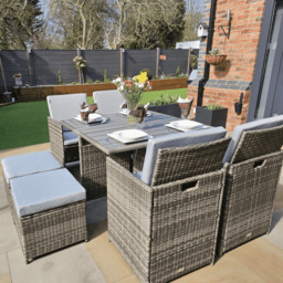 Cube 8 Seater Rattan Outdoor Dining Set Grey LED Premium Parasol  - Grey Weave Polywood Top - thumbnail 4