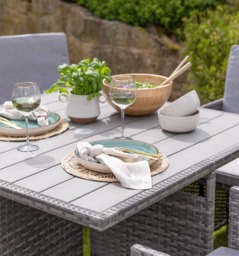 Cube 8 Seater Rattan Outdoor Dining Set Grey LED Premium Parasol  - Grey Weave Polywood Top - thumbnail 3