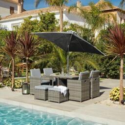 Cube 8 Seater Rattan Outdoor Dining Set Grey LED Premium Parasol  - Grey Weave Polywood Top - thumbnail 2