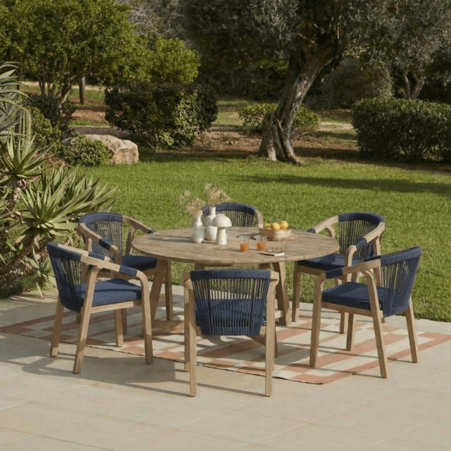 Shiro 6 Seater Round Wooden Garden Dining Set with Shiro Navy Rope Dining Chairs -160cm - image 1