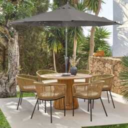 Willow 6 Seater Round Wooden Garden Set with 6 Hali Natural Rope Chairs & Round Grey LED Parasol - thumbnail 1