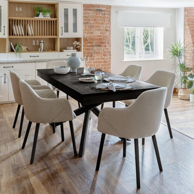 Amelia Black Extendable Dining Table Set - 6 Seater - Freya Sand Carver Chairs - Black Legs - image 1
