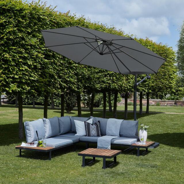 Thea Wooden Garden Corner Sofa Set with Grey Parasol - image 1