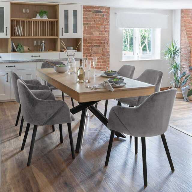 Amelia Whitewash Extendable Dining Table Set - 6 Seater - Freya Grey Carver Chairs - Black Legs - image 1