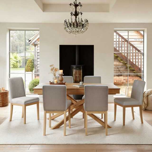 Amelia Whitewash Extending Dining Table Set - 6 Seater - Nolan Fawn Linen Dining Chairs - Whitewash Oak Legs - image 1