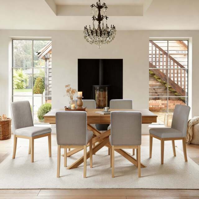 Amelia Whitewash Extending Dining Table Set - 6 Seater - Nolan Fawn Linen Dining Chairs - Whitewash Oak Legs - image 1