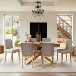 Amelia Whitewash Extending Dining Table Set - 6 Seater - Nolan Fawn Linen Dining Chairs - Whitewash Oak Legs