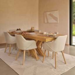 Olivia 160-240cm Pale Oak Dining Table Set - 6 Seater - Freya Sand Dining Armchairs - Pale Oak Legs - thumbnail 2