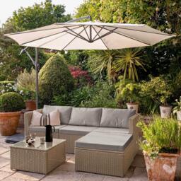 Weston 4 Seater Rattan Garden Corner Sofa Set with Cream Lean Over Parasol - Natural Weave