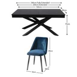 Amelia Black Extendable Dining Table Set - 6 Seater - Freya Blue Dining Chairs - Black Legs - thumbnail 5
