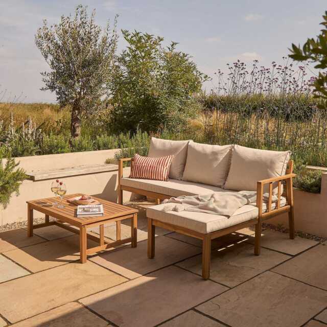 Harrelson 3 Seater Wooden Garden Chaise Corner Set - Natural Acacia and Sand - image 1