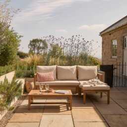 Harrelson 3 Seater Wooden Garden Chaise Corner Set - Natural Acacia and Sand - thumbnail 2