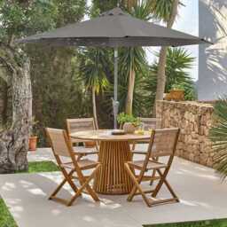 Willow 4 Seater Round Wooden Garden Dining Set with 4 Cove Rope Chairs & Round Grey LED Parasol
