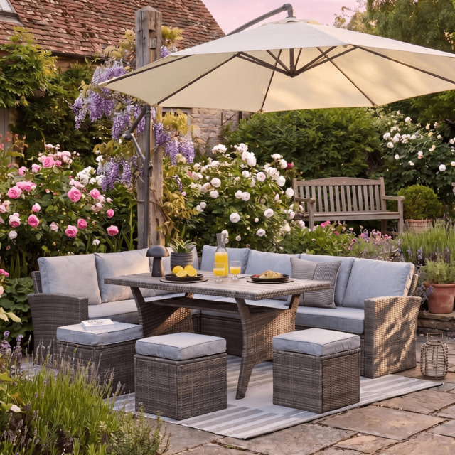 Aston 9 Seater Rattan Garden Corner Sofa Set with Cream Lean Over Parasol - Polywood Top - Grey - image 1