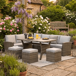 Aston 9 Seater Rattan Garden Corner Sofa Set with Cream Lean Over Parasol - Polywood Top - Grey - thumbnail 3