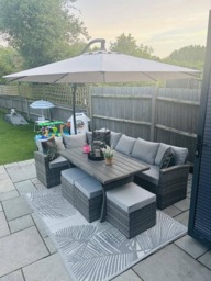 Aston 9 Seater Rattan Garden Corner Sofa Set with Cream Lean Over Parasol - Polywood Top - Grey - thumbnail 2