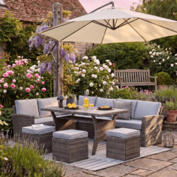 Aston 9 Seater Rattan Garden Corner Sofa Set with Cream Lean Over Parasol - Polywood Top - Grey - thumbnail 1