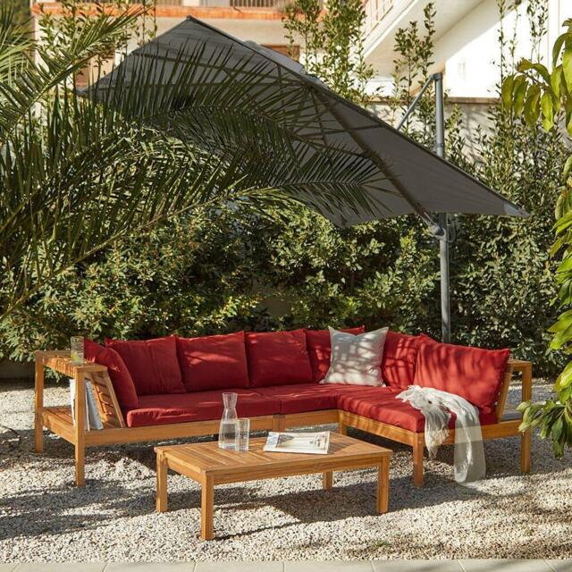 Dakota Wooden Garden Corner Sofa Set with Grey Parasol - Red Cushions - image 1